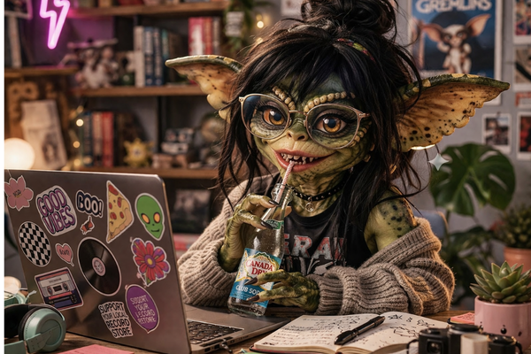 Meg as a gremlin character at her desk with a laptop and club soda